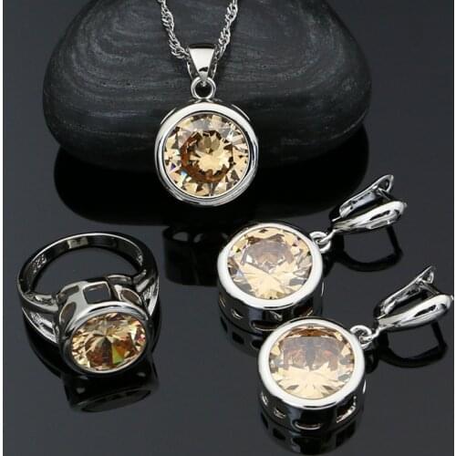 Silver 925 Party Jewelry Sets For Women Champagne Cubic Zirconia Drop Earrings Necklace Pendant Ring Silver Kit