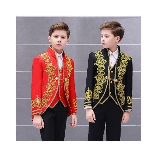 2020 Fashion Red Party Prom Boys Suit Children Gold Prince Charming Performance Suit Set Kids Blazer Vest Pants 3 Piece Tuxedos