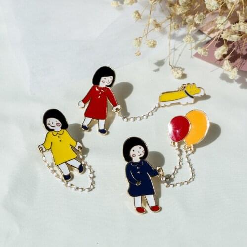 2021 Summer Creative Cute Fresh Cartoon Japanese Little Girl Walking Dog Jump Rope Balloon Dripping Oil Brooch