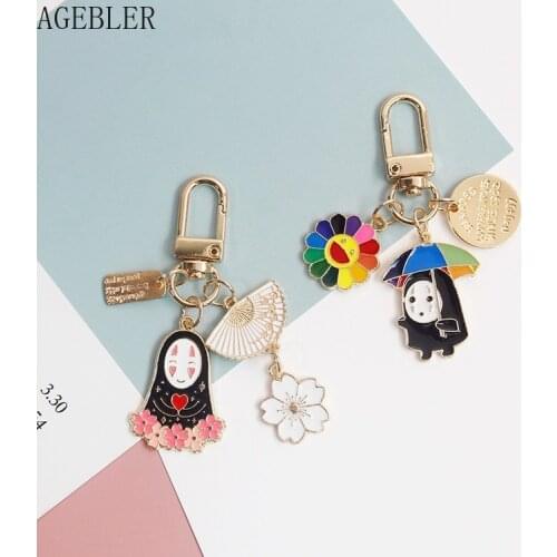 Cute Cartoon Sakura Fan No Face Anime Metal Keychain for Women Key Chains Women Gift Airpods Pendent Bag Accessories Car Pendant