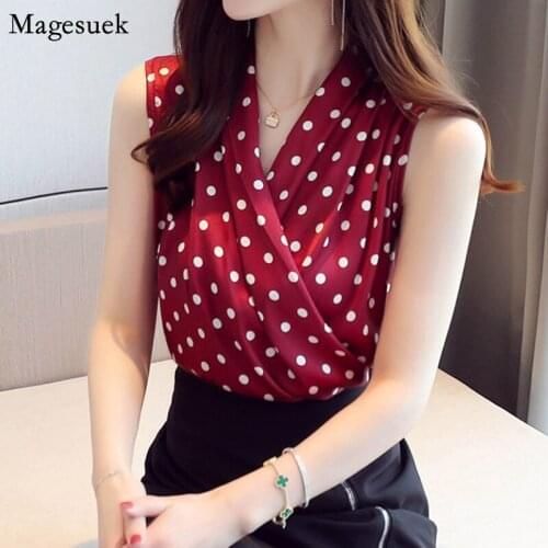 Fashion Summer Chiffon Shirt Women 2021 Sleeveless V-neck Polka Dot Women Shirts Blouses Casual Loose Blouse Femme Blusas 13120
