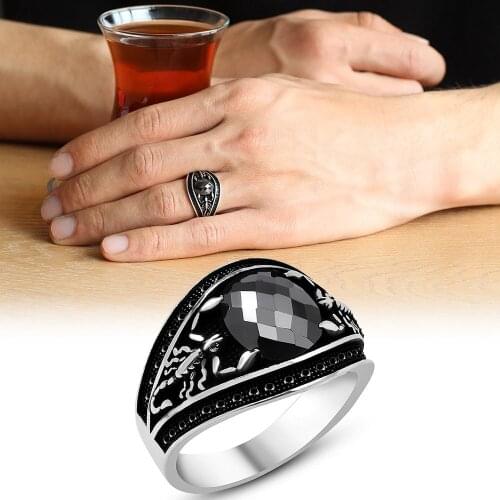 Tesbihane Scorpion Design Black Onyx Cubic Zirconia 925 Sterling Silver Men 'S Ring