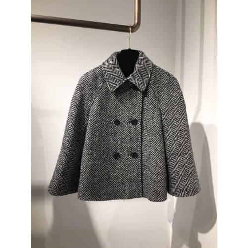 New Autumn and Winter Herringbone Striped Twill Wool Cloak Short Coat