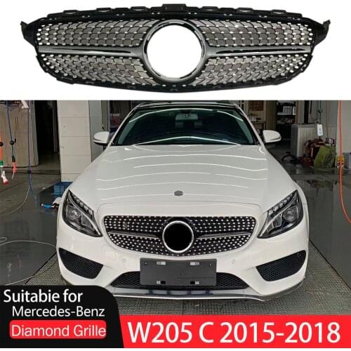 W205 Diamond Style Car Front Grill Grille Black/Silver For Mercedes Benz C200 C250 C300 C350 2015-2018 2Dr/4Dr