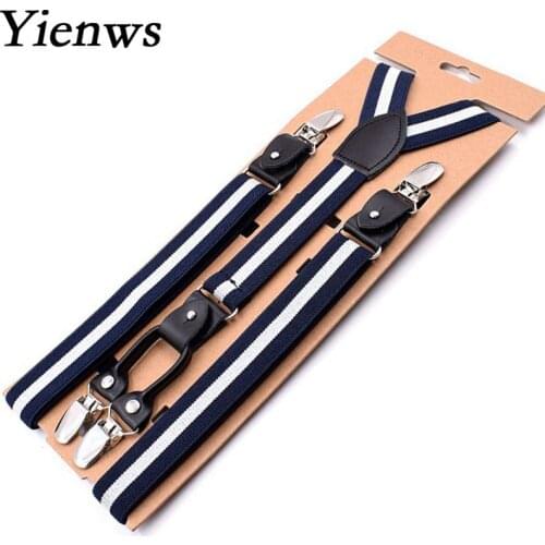 Yienws 115cm Breteles Mens Suspenders 4 Clip Navy Striped Trouser Strap Suspenders Male Leather Vintage Braces for Men YiA125