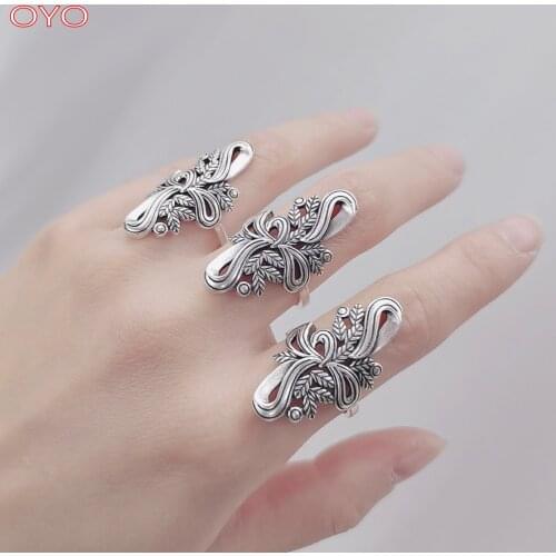Real 999 pure silver leaf ring female retro matte personality exaggerated long index finger ring