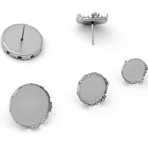 Stainless Steel 12mm 15mm 20mm Cameo Cabochons Stud Earrings Post Base Settings Round Crown Bezel tray Earrings DIY Findings