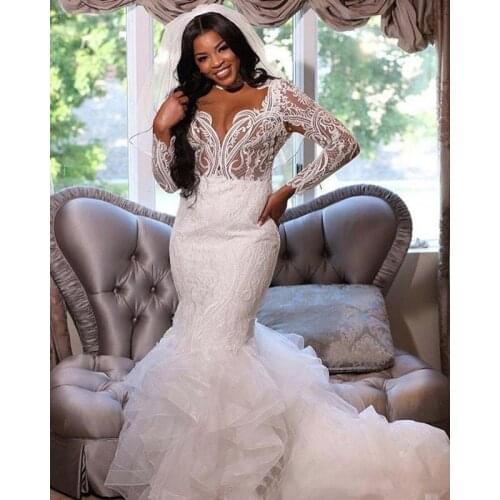 Mermaid Wedding Dresses Plus Size 2021 South African Lace Illusion Top Ruffles Sweep Train Bridal Gowns Backless robe de mairee