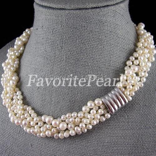 Pearl Necklace Wedding Bridesmaid Jewelry Perfect Multistrand 4MM-7MM 16 Inches 5 Rows White Freshwater Pearl Necklace