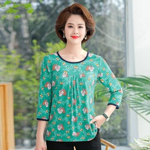 Three Quarter Sleeve Women T-Shirt Pullover Spring Summer Loose Clothing Mother O-Neck Print Plus Size XL-5XL Tee Tops