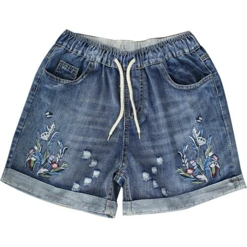 Womens High Waist Denim Shorts 2020 Spring Summer Ripped Female Plus Size Vintage Floral Embroidery Jeans Short Feminino