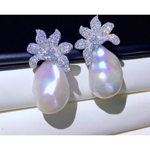 Baroque natural fresh water pearl stud earring big pearl 925 sterling silver with cubic zircon flower fine women jewelry
