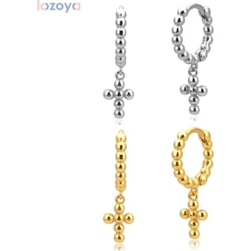 LOZOYA 925 Sterling Silver Beads Cross Women Luxury Luxury Dangle Drop Earring Circle Round Rock Punk Luxury Earring Jewelry