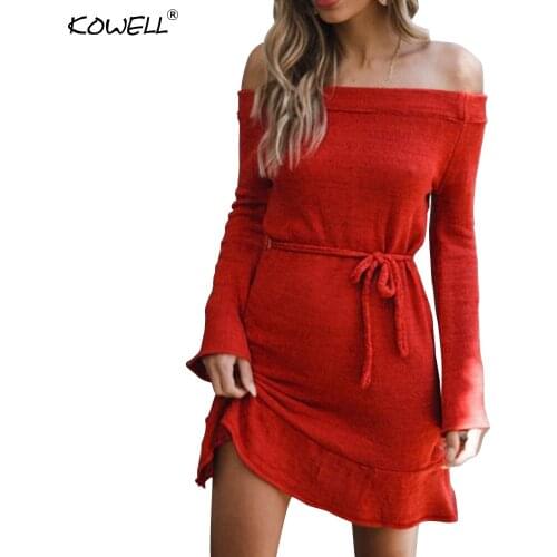 Off Shoulder Knitted Dress Women Autumn Winter Long Sleeve Lace Up Loose Sexy Bodycon Dress Warm Elegant Party Dress Vestidos