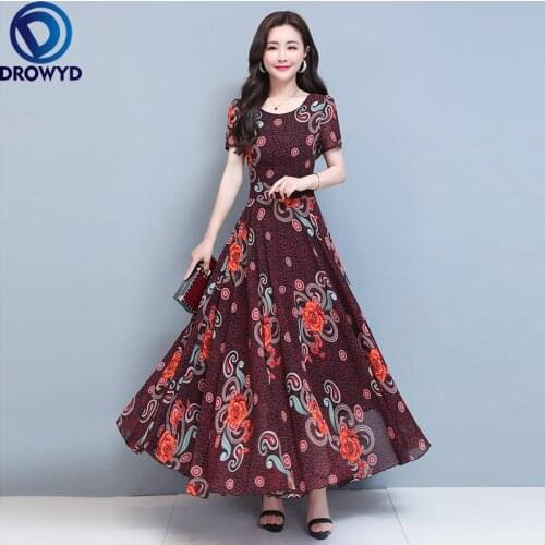 2021 Summer Beach Dress New Arrival Plus Size M-4XL Elegant O-neck Flower Printed Short Sleeve Women Chiffon Long Party Dresses