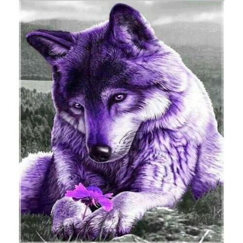 Diy Diamond Painting Cross Stitch Purple Wolf Flowers Diamond Mosaic 5D Diamond Embroidery Square Home Decor Full Square Animals