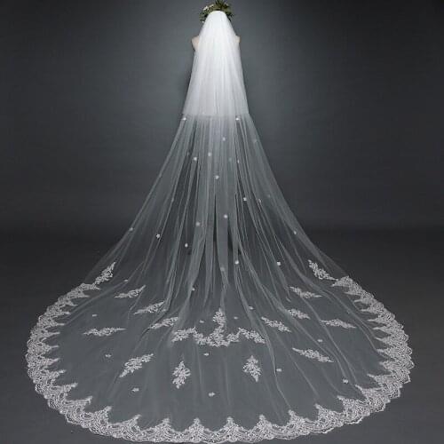 2 Layers Lace Wedding Veil with Blusher High Quality White Ivory Tulle Bridal Veil Voile Mariage Rouge long beaded beil