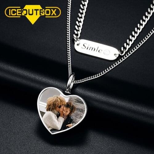 ICEOUTBOX 2 Layer Chain Custom Made Photo Heart Pendant Necklace Solid Back Personalized Women Mens Hip Hop Jewelry New Design