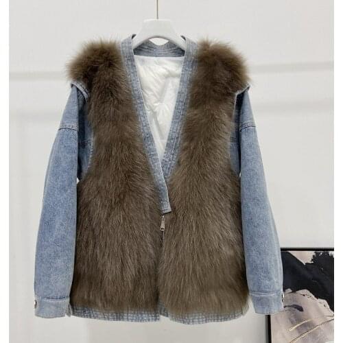 MENINA BONITA 2021 White Duck Down Liner Winter Denim Jacket Women Parka Real Natural Fox Fur Outerwear Detachable Streetwear
