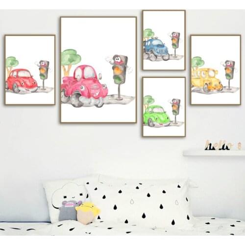 Cartoon Classic Cars School Bus Truck Traffic Light Wall Art Print Canvas Painting Nordic Poster Wall Pictures Kids Room Decor