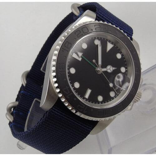 40MM Black Sterile Dial Sapphire Glass Ceramic Bezel GMT Date Glass Case Back Automatic Mens Wristwatch