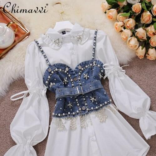 202 New Fashion Spring Womens Clothing Solid Color Shirt Dress with Blue Rhinestone Short Denim Tank Top Two-Piece Suit Dress