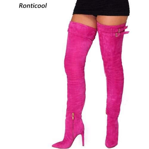 Ronticool New Arrival Women Winter Thigh Boots Faux Suede Sexy Stiletto Heels Pointed Toe Fuchsia Night Club Shoes Us Size 5-15