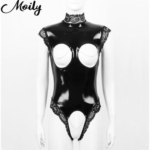 Sexy Womens Patent Leather Crotchless Leotard Bodysuits Hot Lingerie Open Breast Crotch Wet Look Teddies Bodysuit Latex Catsuit