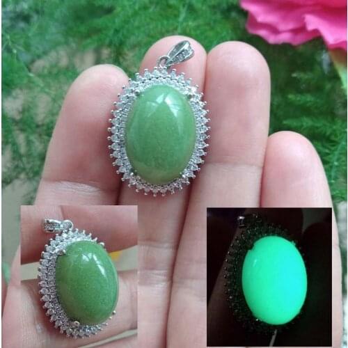 Fine S925 Silver Shine Ore stone pendant Night-luminous fluorite oval Amulet glow gem
