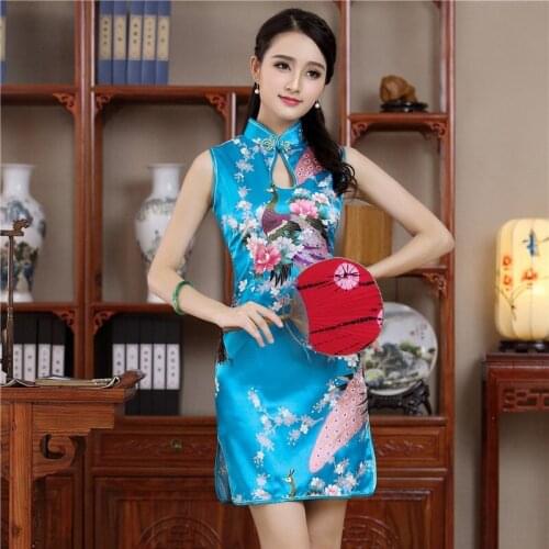 Sexy Qipao Chinese Vintage Button Dress Mini Female Qipao Elegant Satin Cheongsam Print Flower Evening Gowns Mandarin Collar