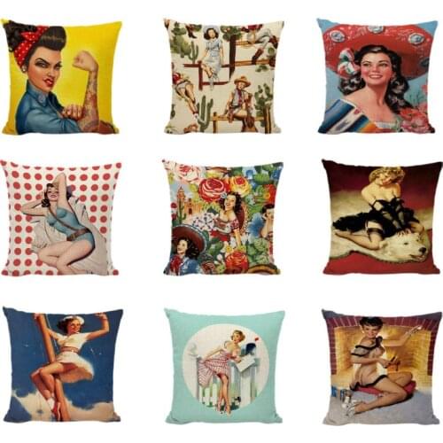 Vintage Beauty Women Cushion Cover Linen Cotton Throw Pillow Cases Home Decorative Sofa Bench Charming Girl Print Gifts Almofada