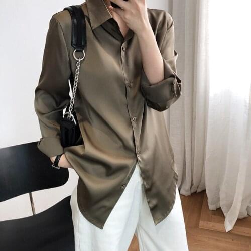 2020 Women White Turn Down Collar Long Sleeve Satin Material Womens Tops And Blouses Casual Shirt Blusas Roupa Feminina