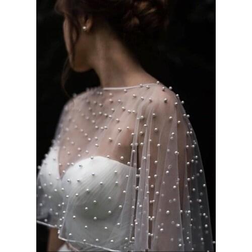 JaneVini 2021 Pearl Cape Stola Sposa Women Wedding Bolero White Champagne Tulle Pearls Bridal Wraps Summer Stole Cape Perle Chal