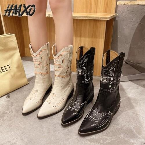 HMXO British Style Women Shoes Ankle Boots Retro Embroidery Western Cowboy Boots Pointed Toe Thick Heel Chelsea Mid-tube Boots