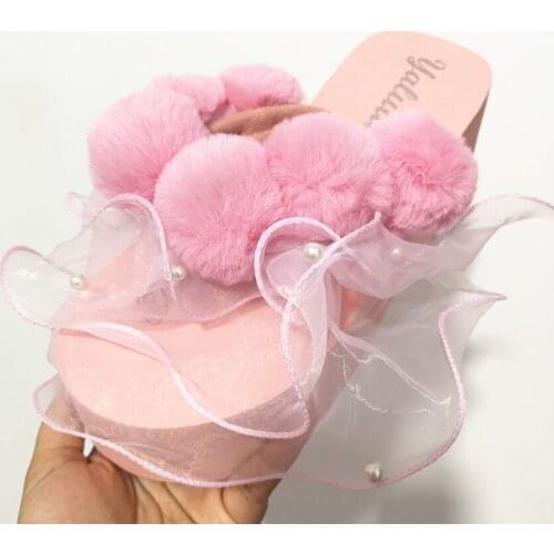 HAHAFLOWERWomen shoes Summer wedge slippers fashion high heel sandals summer fur Pearl beach simple sweet Slipper
