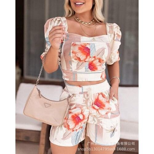 Summer 2021 Fashion Print Sets Women Square Collar Sexy Super Short Suits Office Casual Loose Short Pants Female Sets