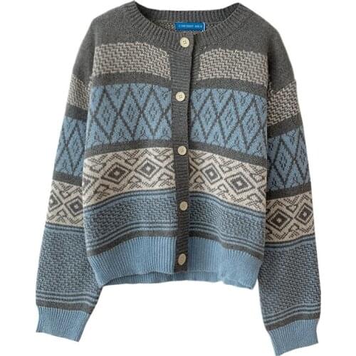 2020 autumn winter women vintage striped pattern cardigan vintage jumper lady fashion knitted cardigan coat