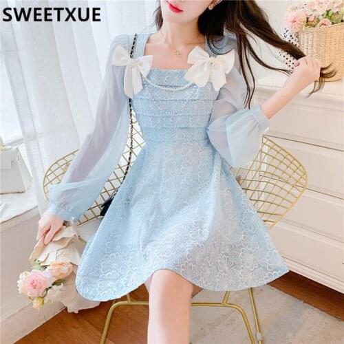 SWEETXUE Women 2021 Fall French Dress Fashion Sweet Kawaii Bow Lace Long Sleeve Beaded Elegant Party Dress Vestidos