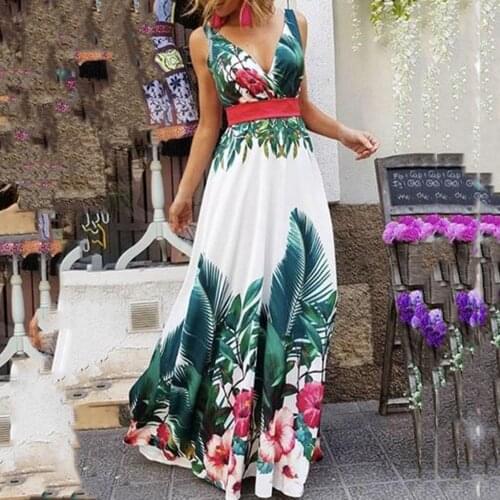 Women Floral Print Dress Fashion Summer V-Neck Sleeveless Collect Waist Bohemian Maxi Party Holiday Dresses Vestidos De Verano