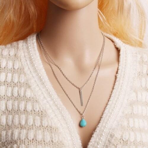 2018 New Arrival Women Bohemiannecklace Bead Double Layer Silver Color Chain necklace blue Crystal Necklace fashion Jewelry