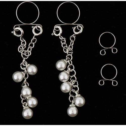 4Pcs Fashion Faux Pearls Fake Nipple Rings Long Dangle Non Pierced No Piercing Jewelry