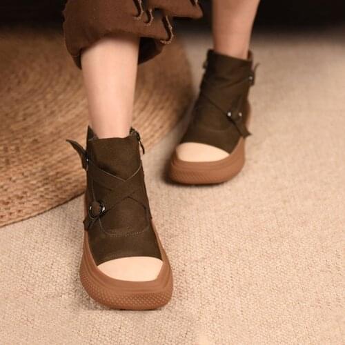 Artmu Genuine Leather Flat Heel Short Boots Square Toe Genuine Leather Ankle Boots Soft Soles Women Shoes Zipper Ladies Boots