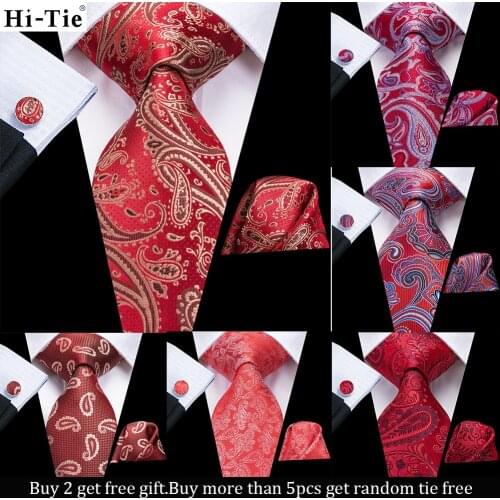 Hi-Tie Gift Mens Tie Red Burgundy Paisley Silk Wedding Tie For Men Hanky Cufflink Set Fashion Design Business Party Dropshipping