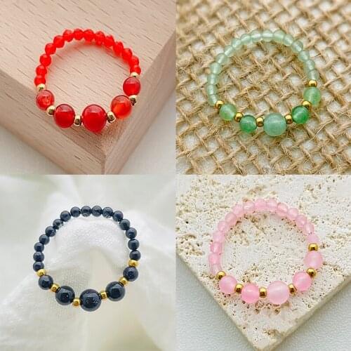 Pomlee Charm Natural Stone Rings for Women Red Agate Amethyst Pink Crystal Beads Finger Rings Healing Jewelry Halloween Gift