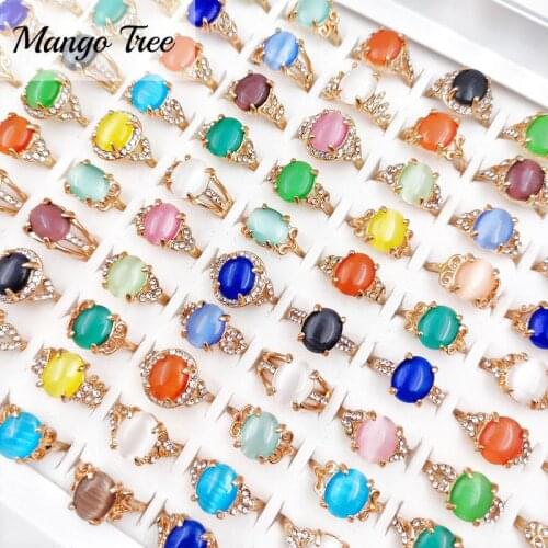 20Pcs/Lot Rhinestone Opals Rings for Women Natural Stone Round Bead Ring Mixed Style Size Fashion Crystal Jewelry Party Gifts
