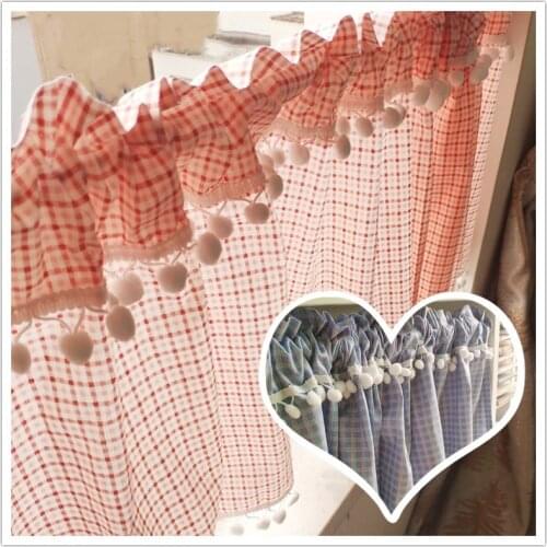 Short curtains in cotton pink plaid fabric. White plush tassel cabinet curtain coffee half curtain decorative head curtain