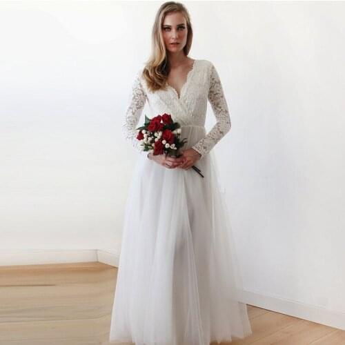 Long Sleeve V-Neck Lace Tulle Backless A-Line Wedding Dress 2021 Vestido De Noiva Bridal Gown