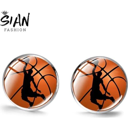 SIAN New Cute Basketball Football Stud Earrings 2019 Unique Baseball Glass Photo Silver Plated Earrings Jewelry Sport Lovers