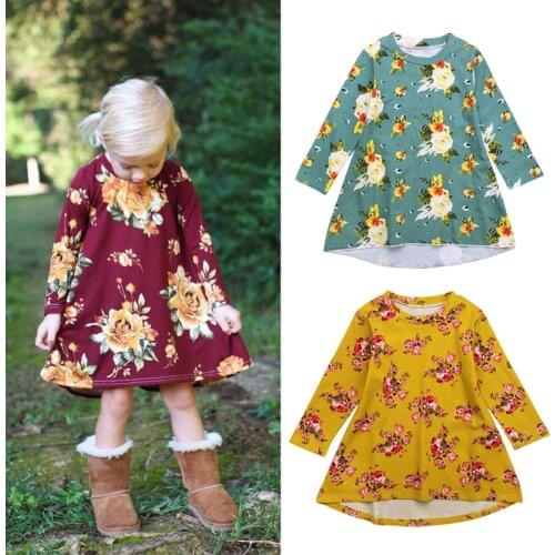 Autumn Fall Winter Floral kids dresses for girls lace trim stripe long sleeve mustard green plum princess dress