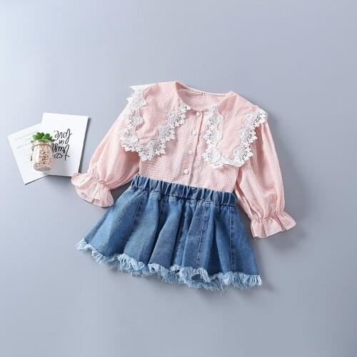 2-7 years high quality girl clothing set 2021 new autumn fashion plaid pink yellow shirt + demin skirt kid children clothes